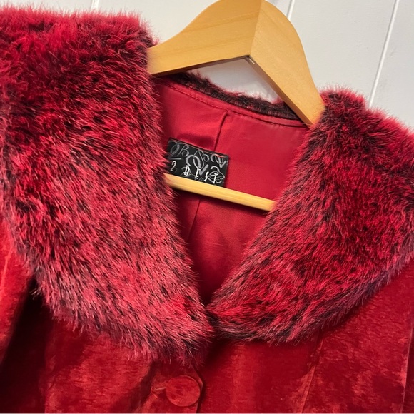 Vintage 2 Best USA Velvet Faux Fur Jacket Red Button Pin Up Goth Burlesque Retro - Picture 3 of 12